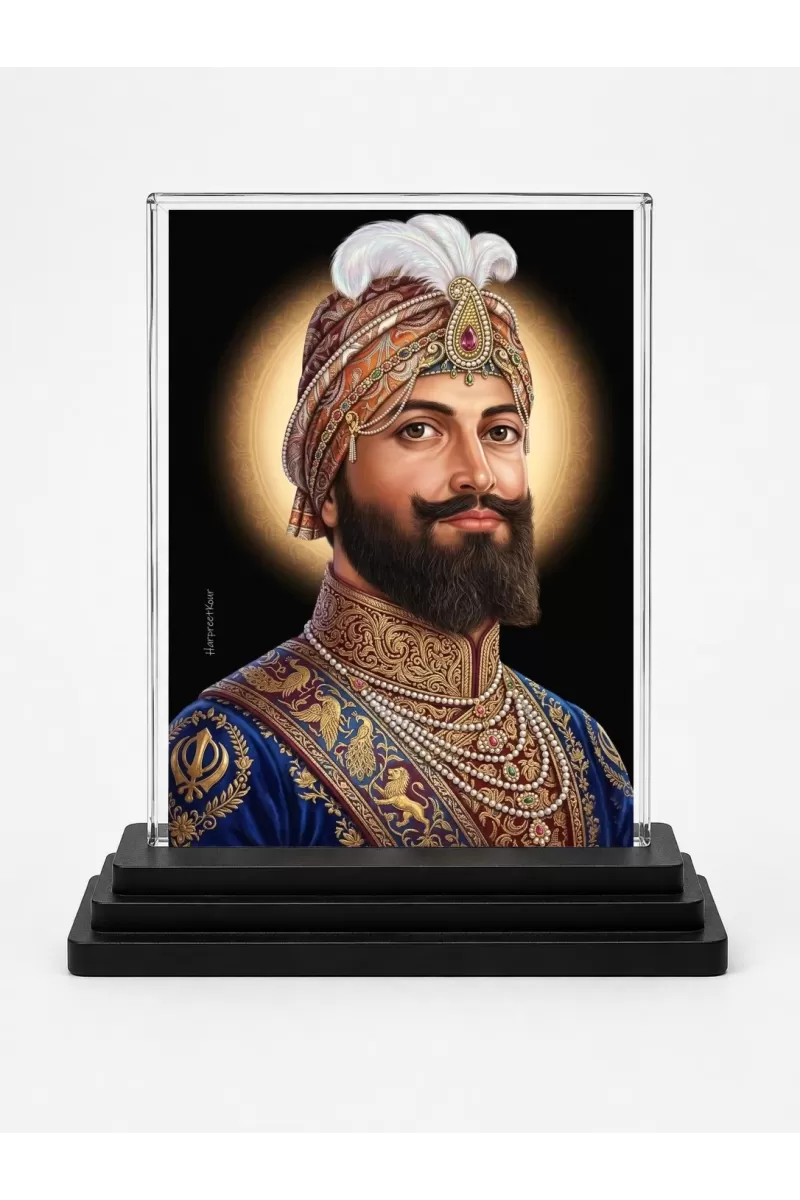 Guru Gobind Singh Ji Acrylic Car Dashboard Showpiece | Double-Sided Guru Gobind Singh Ji Photo Stand | 3 X 4 Inch Photo | Transparent Acrylic Frame With Black Base | Car Dashboard, Office & Table Decor (F70357)