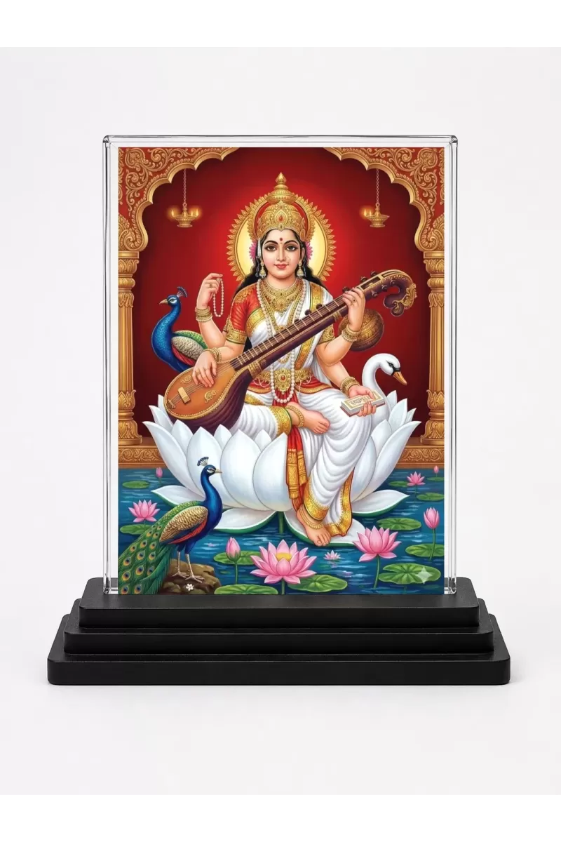 Hindu Goddess Acrylic Car Dashboard Showpiece | Double-Sided Hindu Goddess Photo Stand | 3 X 4 Inch Photo | Transparent Acrylic Frame With Black Base | Car Dashboard, Office & Table Decor (F70358)