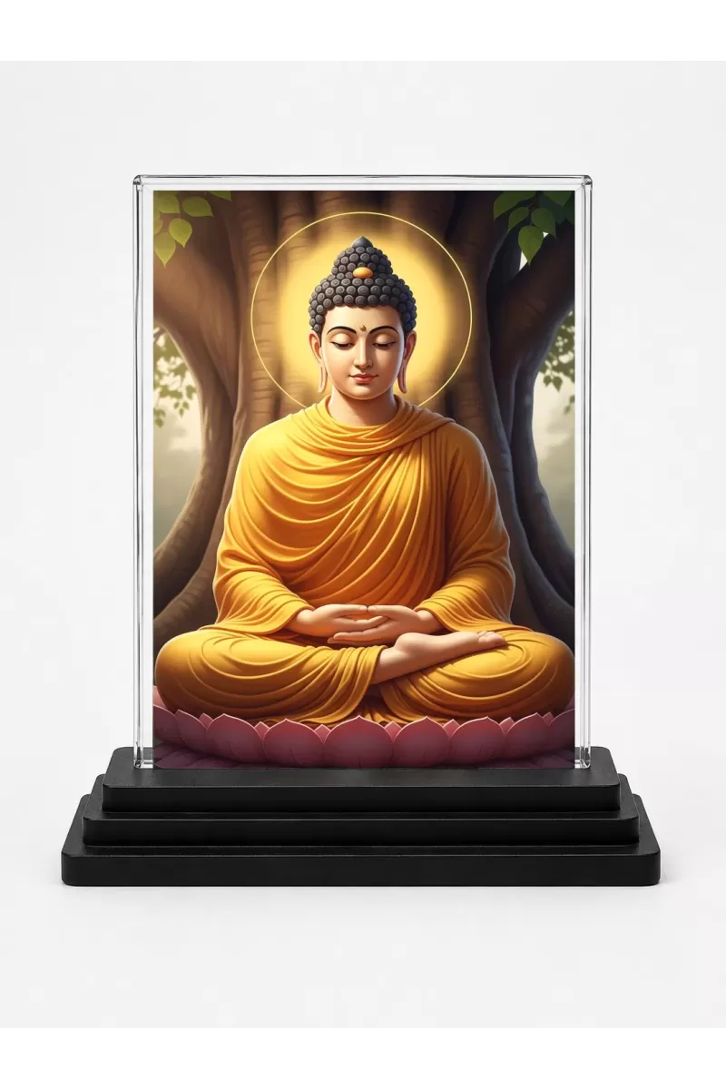 Gautama Buddha Acrylic Car Dashboard Showpiece | Double-Sided Gautama Buddha Photo Stand | 3 X 4 Inch Photo | Transparent Acrylic Frame With Black Base | Car Dashboard, Office & Table Decor (F70359)