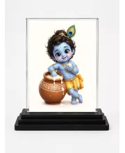 Bal Krishna Acrylic Car Dashboard Showpiece | Double-Sided Bal Krishna Photo Stand | 3 X 4 Inch Photo | Transparent Acrylic Frame With Black Base | Car Dashboard, Office & Table Decor (F70364)