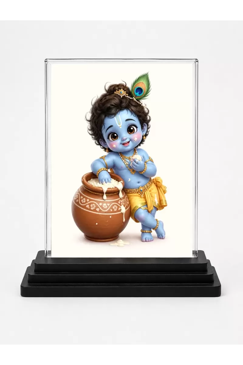 Bal Krishna Acrylic Car Dashboard Showpiece | Double-Sided Bal Krishna Photo Stand | 3 X 4 Inch Photo | Transparent Acrylic Frame With Black Base | Car Dashboard, Office & Table Decor (F70364)