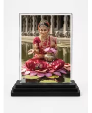Lakshmi Acrylic Car Dashboard Showpiece | Double-Sided Lakshmi Photo Stand | 3 X 4 Inch Photo | Transparent Acrylic Frame With Black Base | Car Dashboard, Office & Table Decor (F70365)