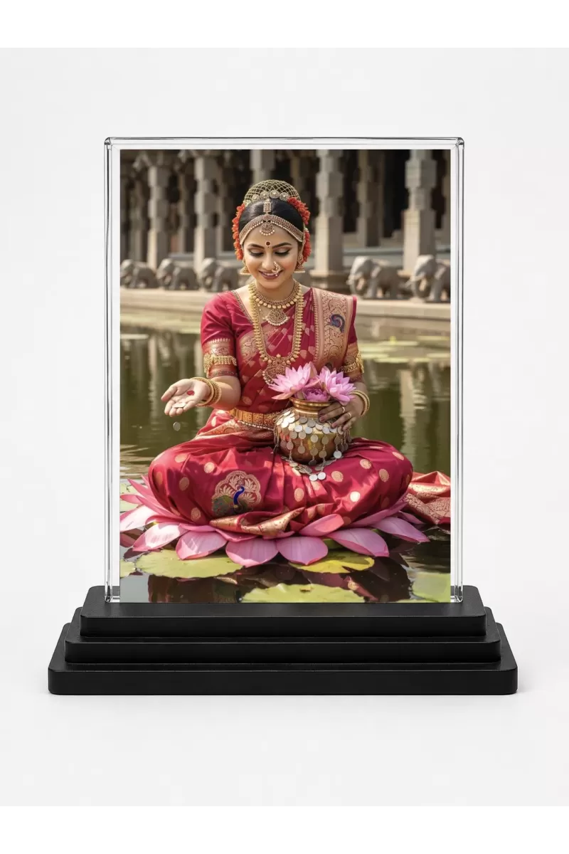 Lakshmi Acrylic Car Dashboard Showpiece | Double-Sided Lakshmi Photo Stand | 3 X 4 Inch Photo | Transparent Acrylic Frame With Black Base | Car Dashboard, Office & Table Decor (F70365)