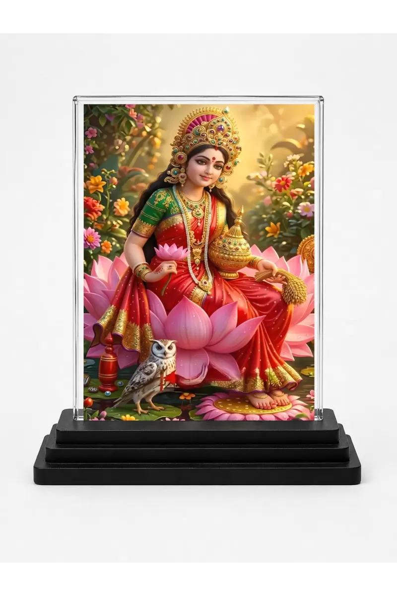 Lakshmi Acrylic Car Dashboard Showpiece | Double-Sided Lakshmi Photo Stand | 3 X 4 Inch Photo | Transparent Acrylic Frame With Black Base | Car Dashboard, Office & Table Decor (F70369)
