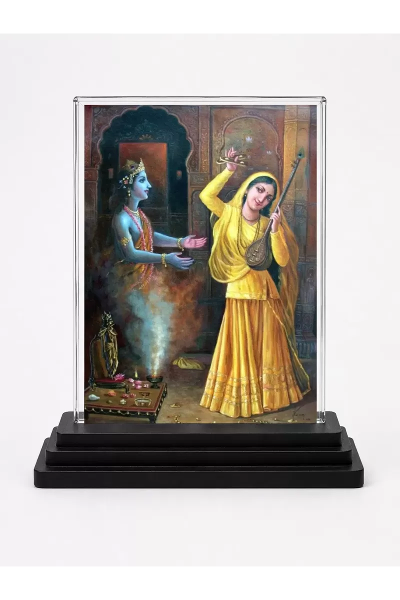Radha Krishna Acrylic Car Dashboard Showpiece | Double-Sided Radha Krishna Photo Stand | 3 X 4 Inch Photo | Transparent Acrylic Frame With Black Base | Car Dashboard, Office & Table Decor (F70371)