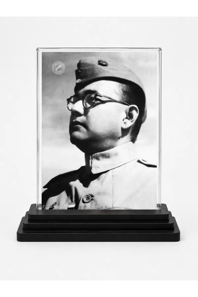 Netaji Acrylic Car Dashboard Showpiece | Double-Sided Netaji Photo Stand | 3 X 4 Inch Photo | Transparent Acrylic Frame With Black Base | Car Dashboard, Office & Table Decor (F70374)