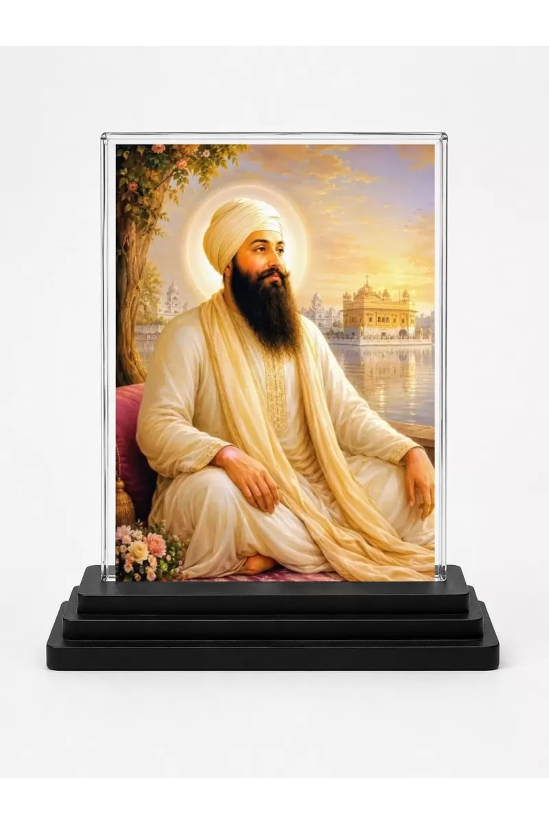 Guru Har Krishan Ji Acrylic Car Dashboard Showpiece | Double-Sided Guru Har Krishan Ji Photo Stand | 3 X 4 Inch Photo | Transparent Acrylic Frame With Black Base | Car Dashboard, Office & Table Decor (F70378)
