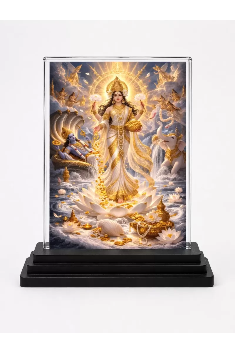 Hindu Goddess Acrylic Car Dashboard Showpiece | Double-Sided Hindu Goddess Photo Stand | 3 X 4 Inch Photo | Transparent Acrylic Frame With Black Base | Car Dashboard, Office & Table Decor (F70385)