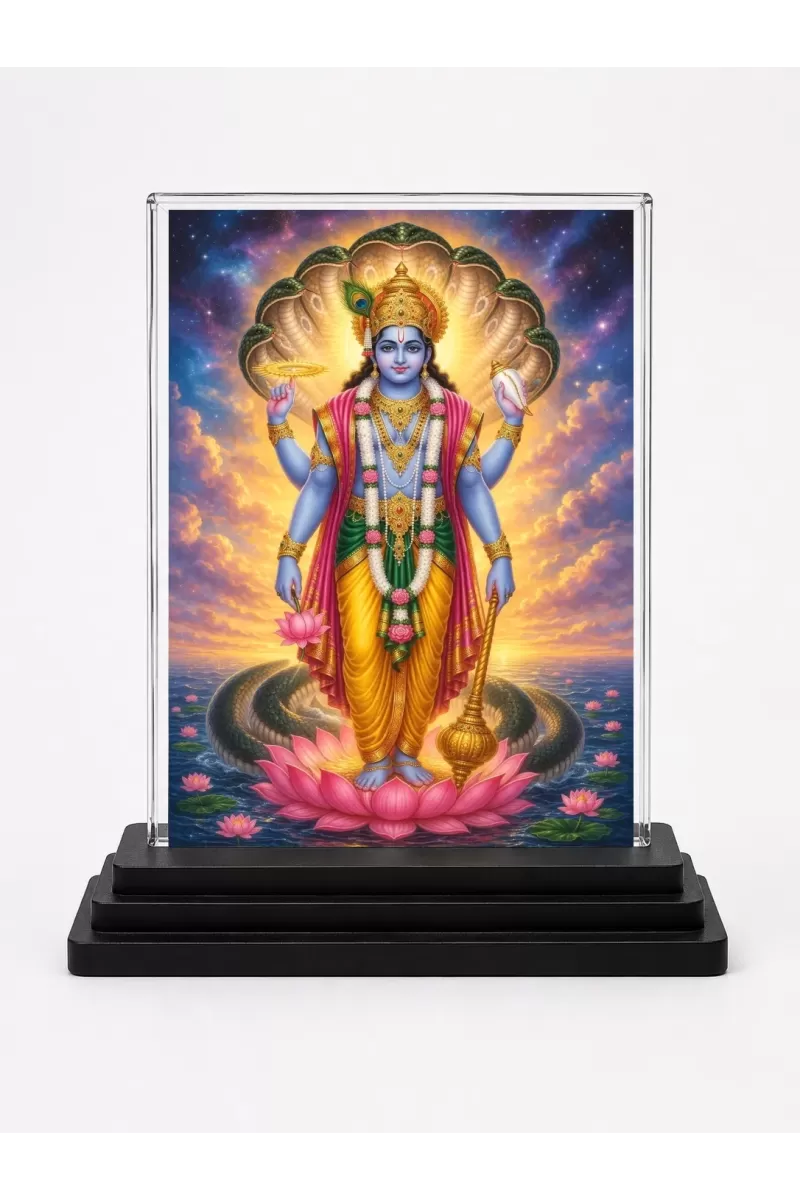 Lord Vishnu Acrylic Car Dashboard Showpiece | Double-Sided Lord Vishnu Photo Stand | 3 X 4 Inch Photo | Transparent Acrylic Frame With Black Base | Car Dashboard, Office & Table Decor (F70387)