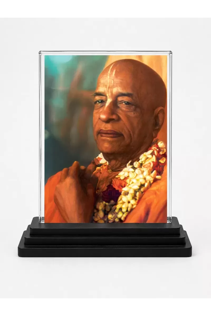 A.C. Bhaktivedanta Swami Prabhupada Acrylic Car Dashboard Showpiece | Double-Sided A.C. Bhaktivedanta Swami Prabhupada Photo Stand | 3 X 4 Inch Photo | Transparent Acrylic Frame With Black Base | Car Dashboard, Office & Table Decor (F70388)