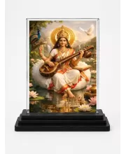 Saraswati Acrylic Car Dashboard Showpiece | Double-Sided Saraswati Photo Stand | 3 X 4 Inch Photo | Transparent Acrylic Frame With Black Base | Car Dashboard, Office & Table Decor (F70392)