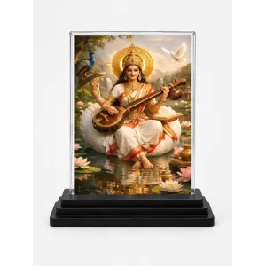 Saraswati Acrylic Car Dashboard Showpiece | Double-Sided Saraswati Photo Stand | 3 X 4 Inch Photo | Transparent Acrylic Frame With Black Base | Car Dashboard, Office & Table Decor (F70392)