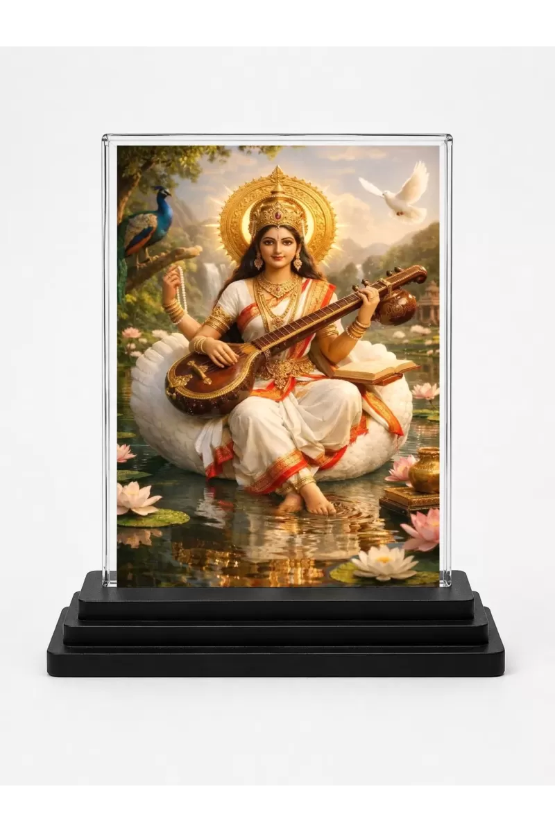 Saraswati Acrylic Car Dashboard Showpiece | Double-Sided Saraswati Photo Stand | 3 X 4 Inch Photo | Transparent Acrylic Frame With Black Base | Car Dashboard, Office & Table Decor (F70392)