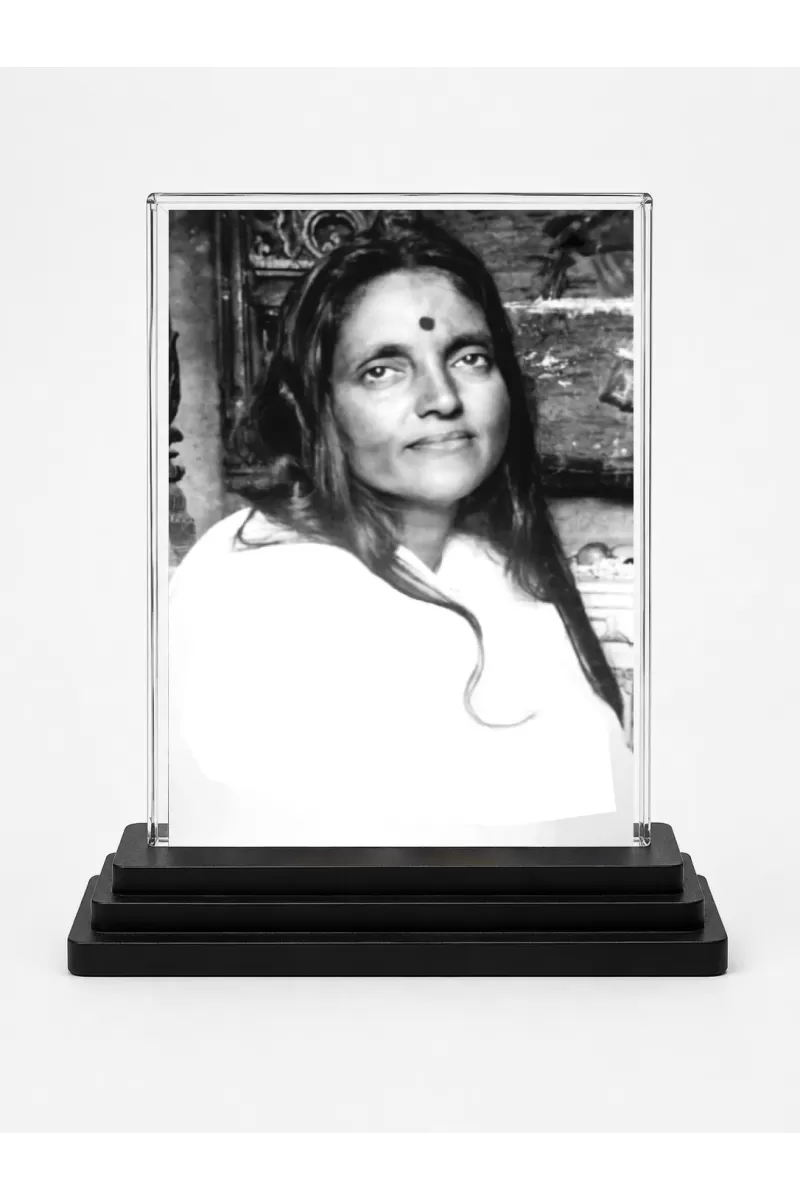 Anandamayi Ma Acrylic Car Dashboard Showpiece | Double-Sided Anandamayi Ma Photo Stand | 3 X 4 Inch Photo | Transparent Acrylic Frame With Black Base | Car Dashboard, Office & Table Decor (F70394)