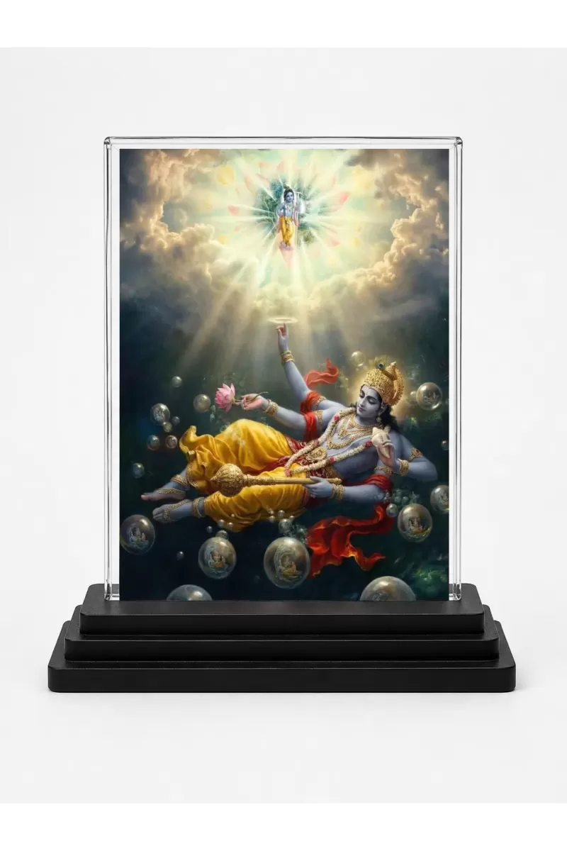 Lord Vishnu Acrylic Car Dashboard Showpiece | Double-Sided Lord Vishnu Photo Stand | 3 X 4 Inch Photo | Transparent Acrylic Frame With Black Base | Car Dashboard, Office & Table Decor (F70395)