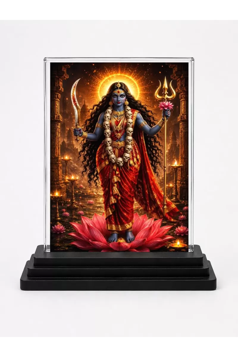 Maa Kali Acrylic Car Dashboard Showpiece | Double-Sided Maa Kali Photo Stand | 3 X 4 Inch Photo | Transparent Acrylic Frame With Black Base | Car Dashboard, Office & Table Decor (F70397)