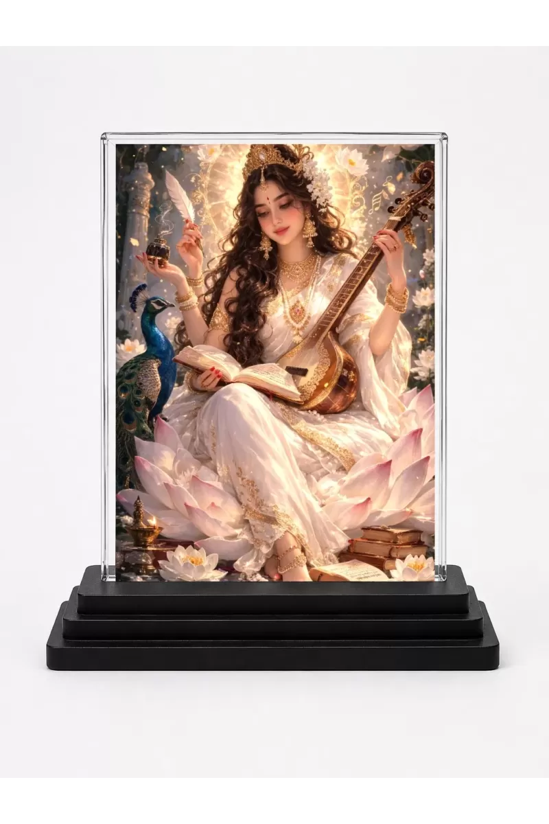Lakshmi Acrylic Car Dashboard Showpiece | Double-Sided Lakshmi Photo Stand | 3 X 4 Inch Photo | Transparent Acrylic Frame With Black Base | Car Dashboard, Office & Table Decor (F70398)
