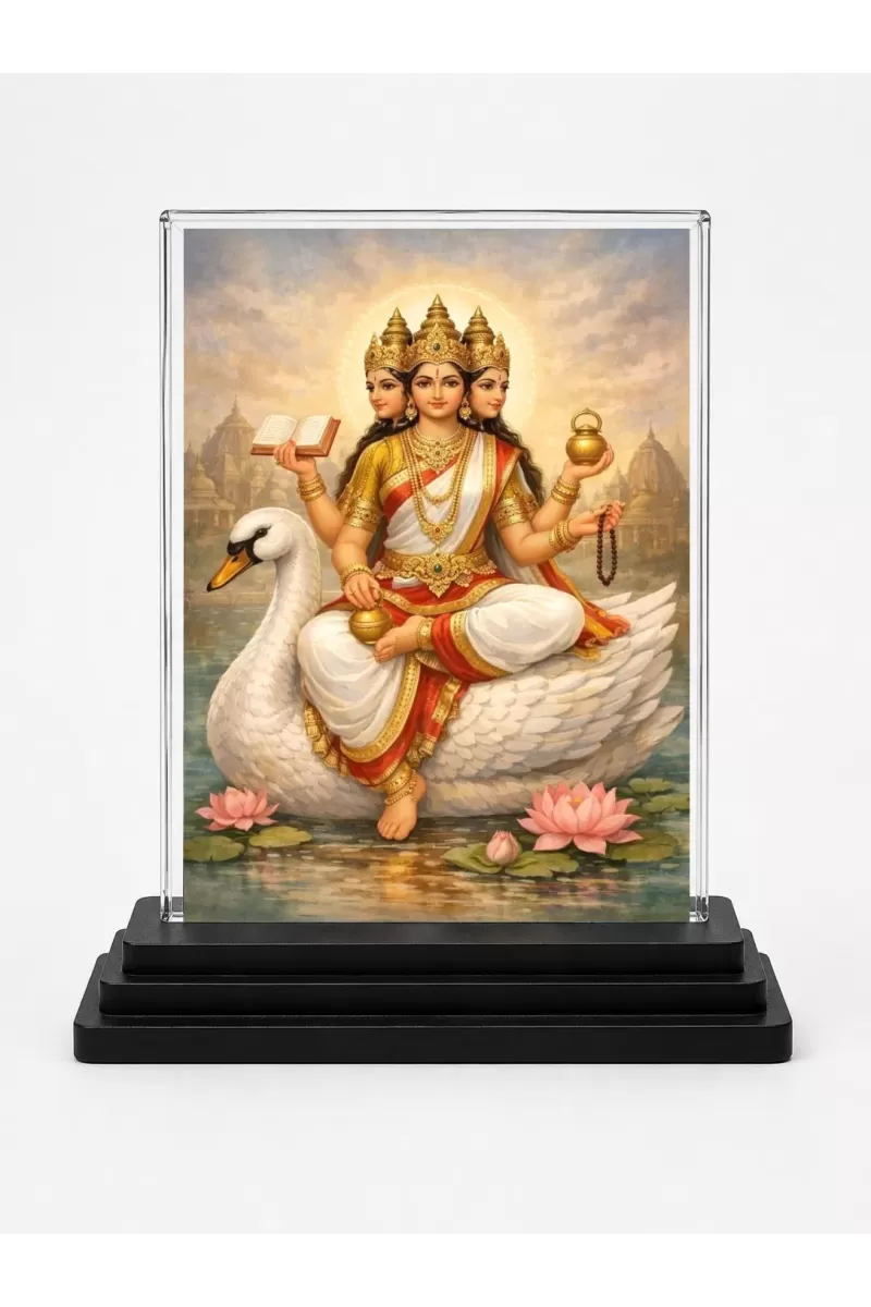 Gayatri Mata Acrylic Car Dashboard Showpiece | Double-Sided Gayatri Mata Photo Stand | 3 X 4 Inch Photo | Transparent Acrylic Frame With Black Base | Car Dashboard, Office & Table Decor (F70400)