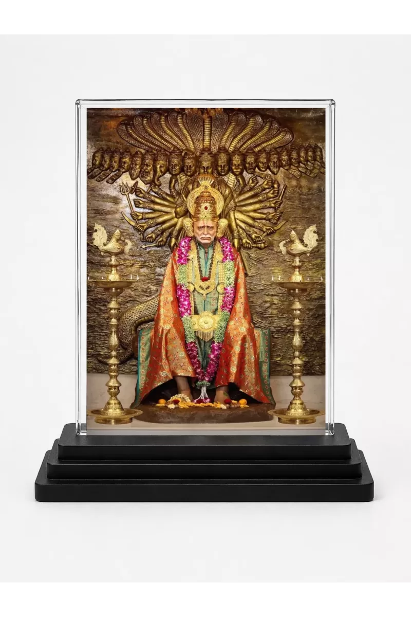 Railanga Swami Acrylic Car Dashboard Showpiece | Double-Sided Railanga Swami Photo Stand | 3 X 4 Inch Photo | Transparent Acrylic Frame With Black Base | Car Dashboard, Office & Table Decor (F70401)
