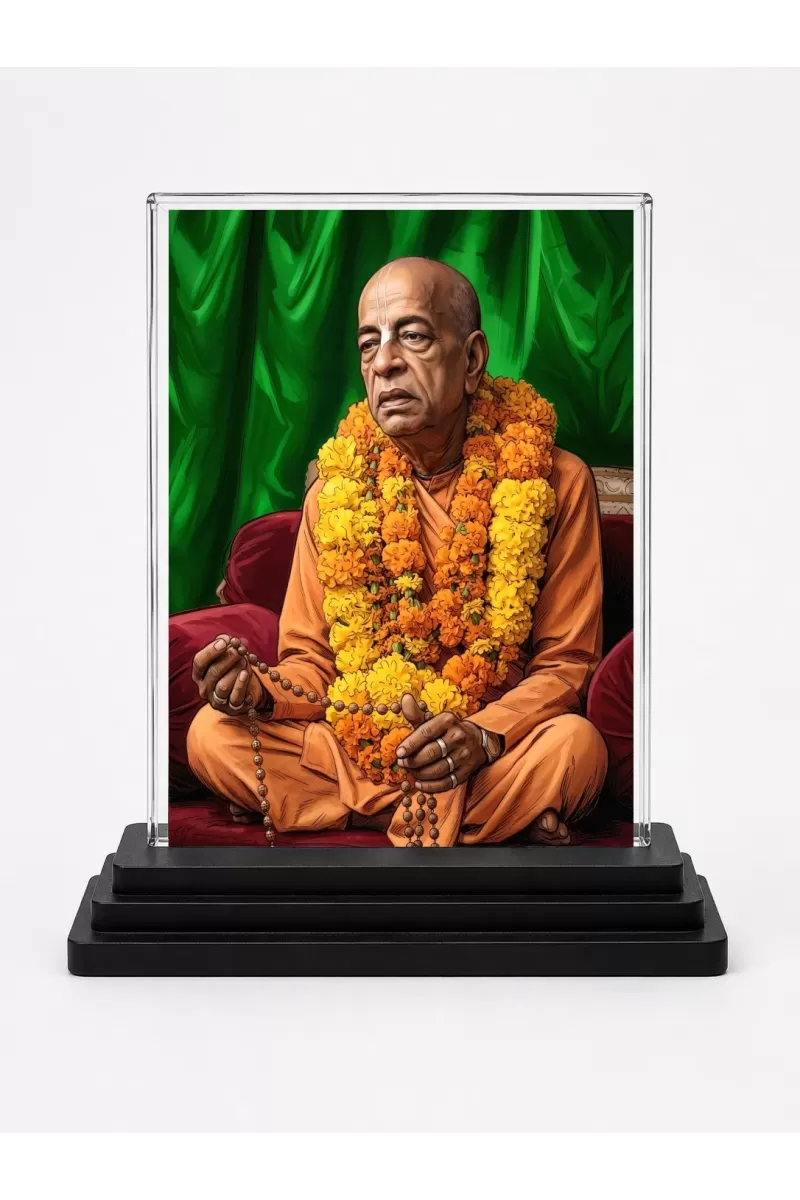 A.C. Bhaktivedanta Swami Prabhupada Acrylic Car Dashboard Showpiece | Double-Sided A.C. Bhaktivedanta Swami Prabhupada Photo Stand | 3 X 4 Inch Photo | Transparent Acrylic Frame With Black Base | Car Dashboard, Office & Table Decor (F70406)
