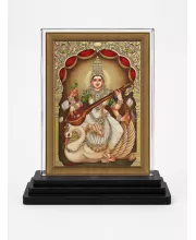 Saraswati Acrylic Car Dashboard Showpiece | Double-Sided Saraswati Photo Stand | 3 X 4 Inch Photo | Transparent Acrylic Frame With Black Base | Car Dashboard, Office & Table Decor (F70407)