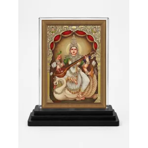 Saraswati Acrylic Car Dashboard Showpiece | Double-Sided Saraswati Photo Stand | 3 X 4 Inch Photo | Transparent Acrylic Frame With Black Base | Car Dashboard, Office & Table Decor (F70407)