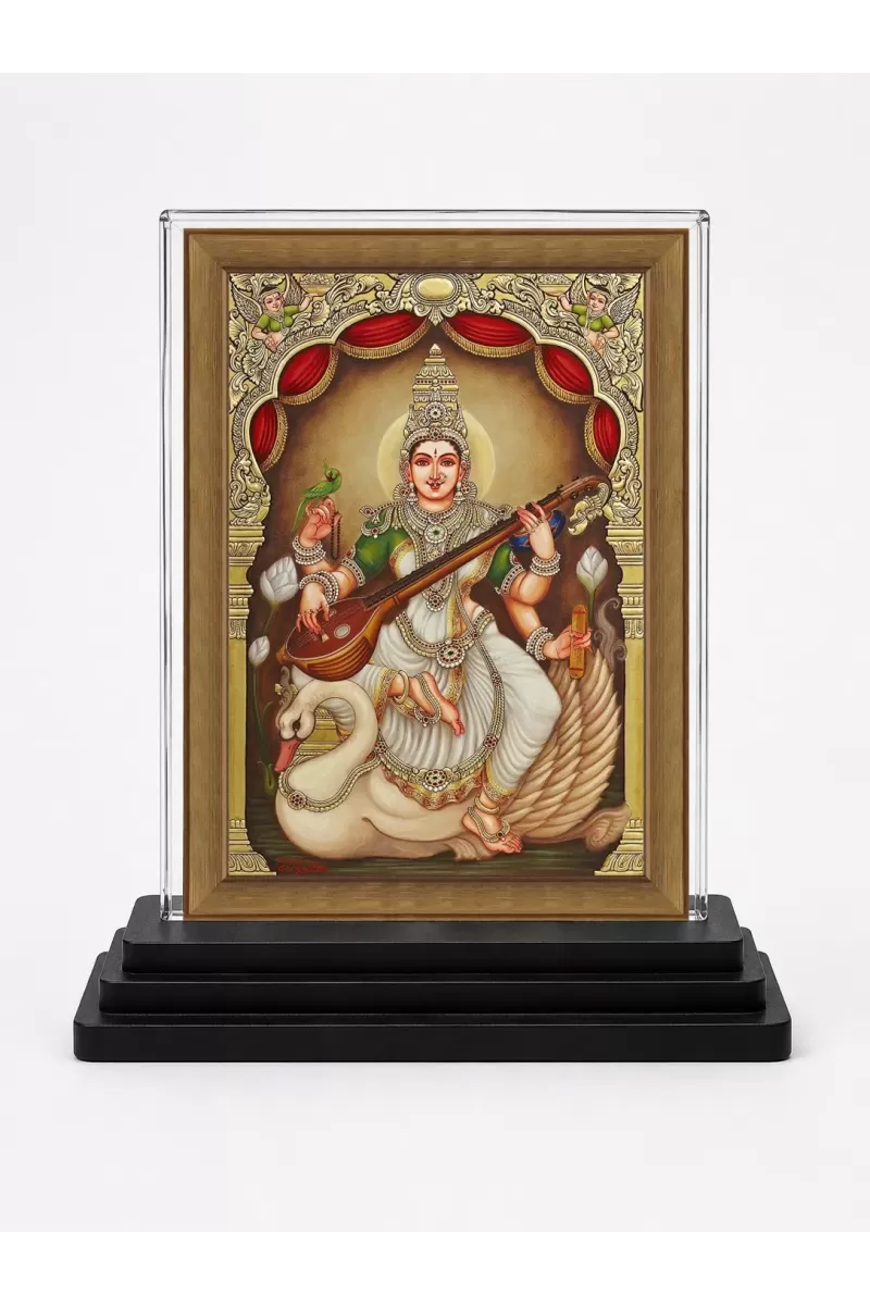 Saraswati Acrylic Car Dashboard Showpiece | Double-Sided Saraswati Photo Stand | 3 X 4 Inch Photo | Transparent Acrylic Frame With Black Base | Car Dashboard, Office & Table Decor (F70407)