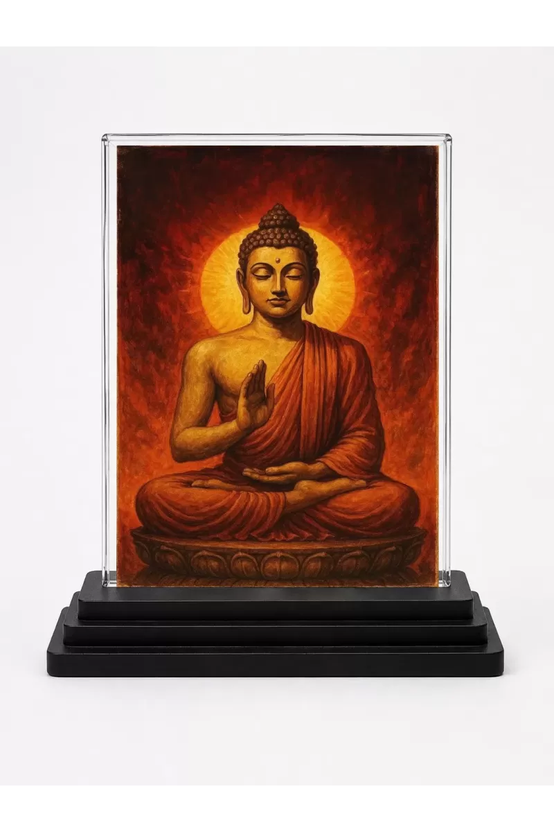 Gautama Buddha Acrylic Car Dashboard Showpiece | Double-Sided Gautama Buddha Photo Stand | 3 X 4 Inch Photo | Transparent Acrylic Frame With Black Base | Car Dashboard, Office & Table Decor (F70410)