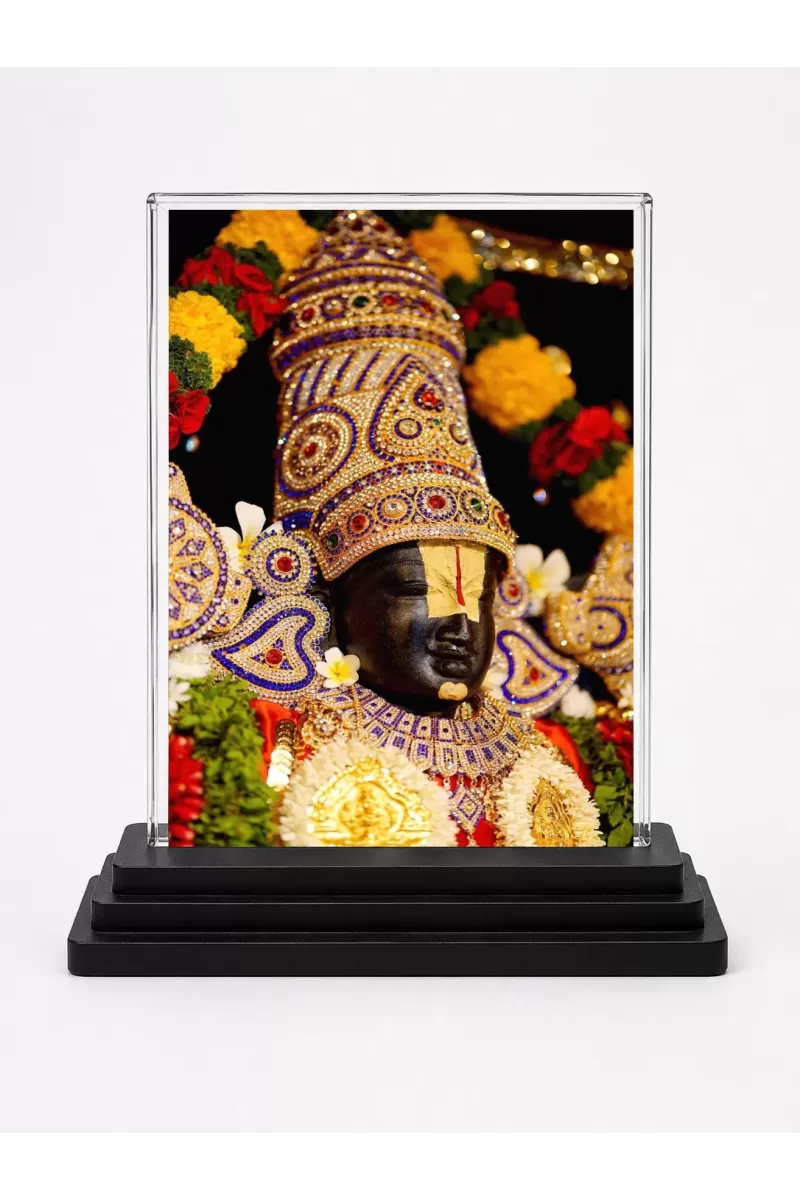 Tirupati Balaji Acrylic Car Dashboard Showpiece | Double-Sided Tirupati Balaji Photo Stand | 3 X 4 Inch Photo | Transparent Acrylic Frame With Black Base | Car Dashboard, Office & Table Decor (F70411)