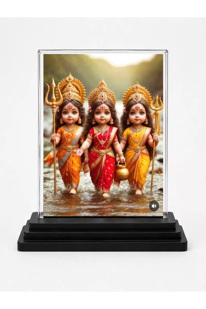 Durga Maa Acrylic Car Dashboard Showpiece | Double-Sided Durga Maa Photo Stand | 3 X 4 Inch Photo | Transparent Acrylic Frame With Black Base | Car Dashboard, Office & Table Decor (F70414)