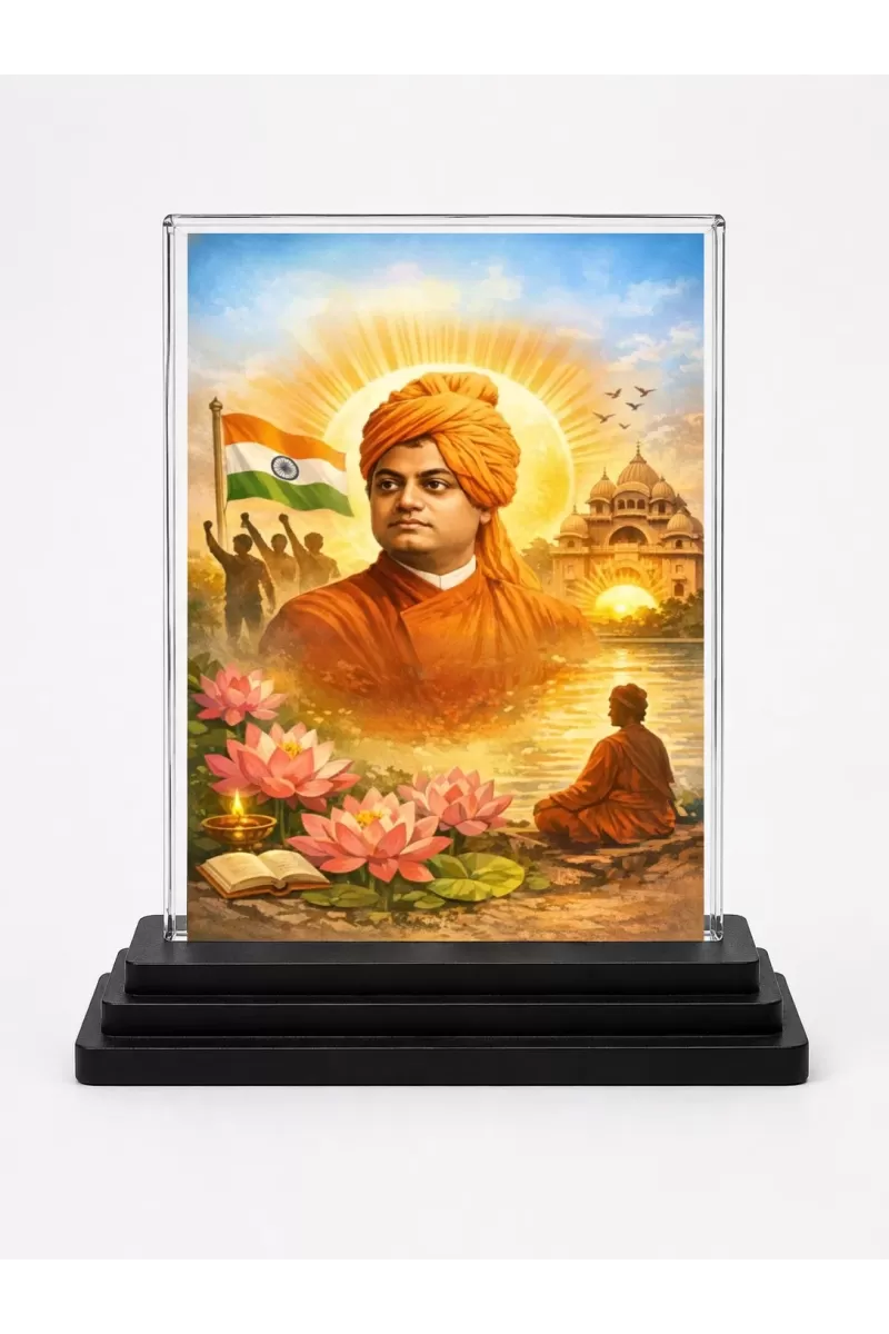 Vivekananda Acrylic Car Dashboard Showpiece | Double-Sided Vivekananda Photo Stand | 3 X 4 Inch Photo | Transparent Acrylic Frame With Black Base | Car Dashboard, Office & Table Decor (F70418)