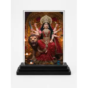 Durga Maa Acrylic Car Dashboard Showpiece | Double-Sided Durga Maa Photo Stand | 3 X 4 Inch Photo | Transparent Acrylic Frame With Black Base | Car Dashboard, Office & Table Decor (F70419)