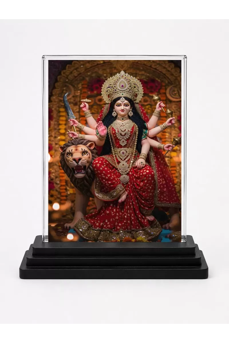 Durga Maa Acrylic Car Dashboard Showpiece | Double-Sided Durga Maa Photo Stand | 3 X 4 Inch Photo | Transparent Acrylic Frame With Black Base | Car Dashboard, Office & Table Decor (F70419)