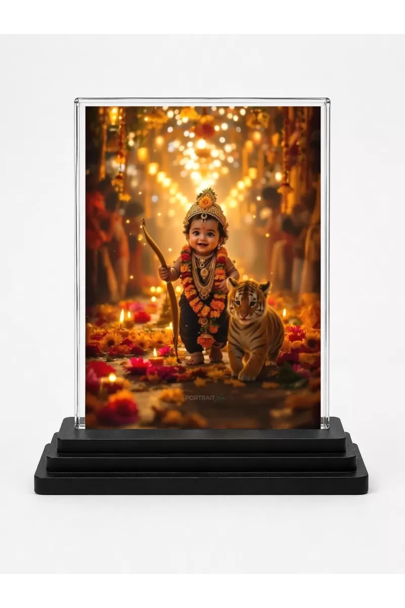 Lord Ayyappa Acrylic Car Dashboard Showpiece | Double-Sided Lord Ayyappa Photo Stand | 3 X 4 Inch Photo | Transparent Acrylic Frame With Black Base | Car Dashboard, Office & Table Decor (F70420)