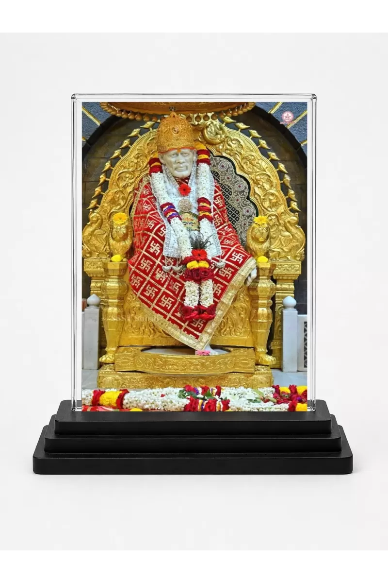 Sai Baba Of Shirdi Acrylic Car Dashboard Showpiece | Double-Sided Sai Baba Of Shirdi Photo Stand | 3 X 4 Inch Photo | Transparent Acrylic Frame With Black Base | Car Dashboard, Office & Table Decor (F70424)
