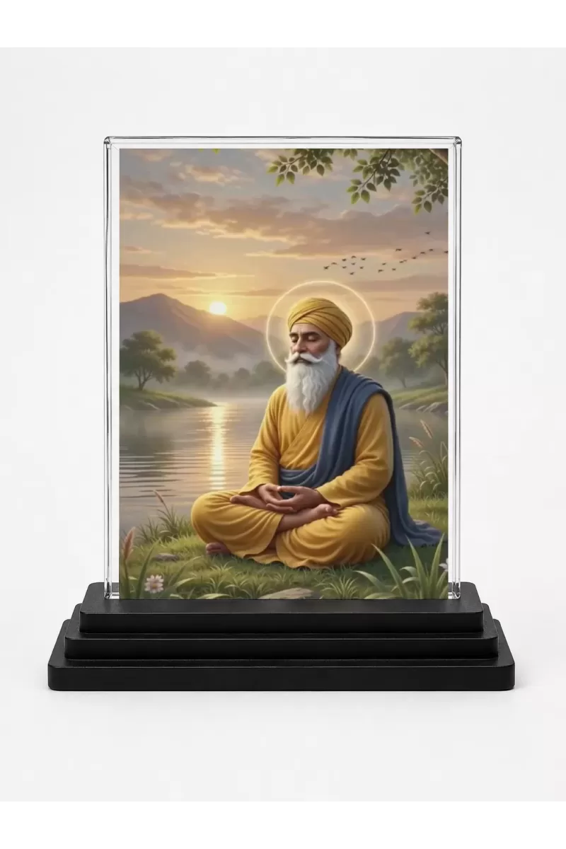 Guru Nanak Dev Ji Acrylic Car Dashboard Showpiece | Double-Sided Guru Nanak Dev Ji Photo Stand | 3 X 4 Inch Photo | Transparent Acrylic Frame With Black Base | Car Dashboard, Office & Table Decor (F70426)