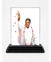 Mata Amritanandamayi Acrylic Car Dashboard Showpiece | Double-Sided Mata Amritanandamayi Photo Stand | 3 X 4 Inch Photo | Transparent Acrylic Frame With Black Base | Car Dashboard, Office & Table Decor (F70427)