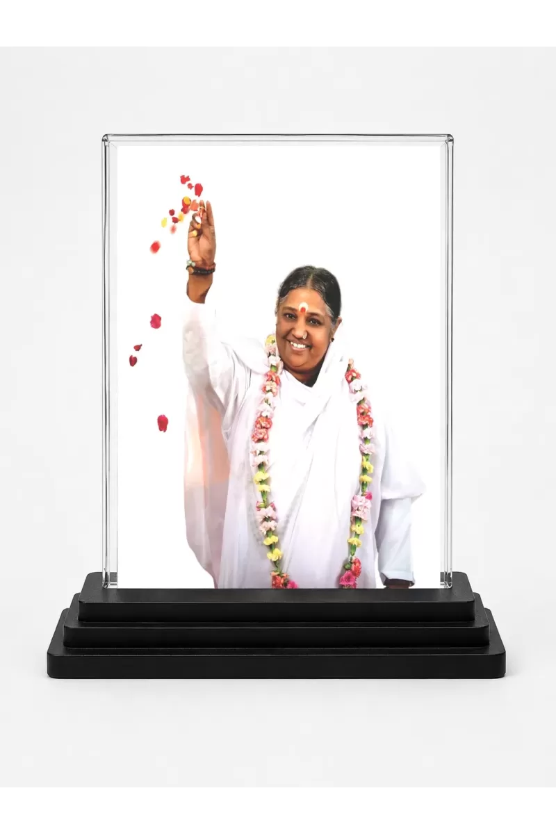 Mata Amritanandamayi Acrylic Car Dashboard Showpiece | Double-Sided Mata Amritanandamayi Photo Stand | 3 X 4 Inch Photo | Transparent Acrylic Frame With Black Base | Car Dashboard, Office & Table Decor (F70427)