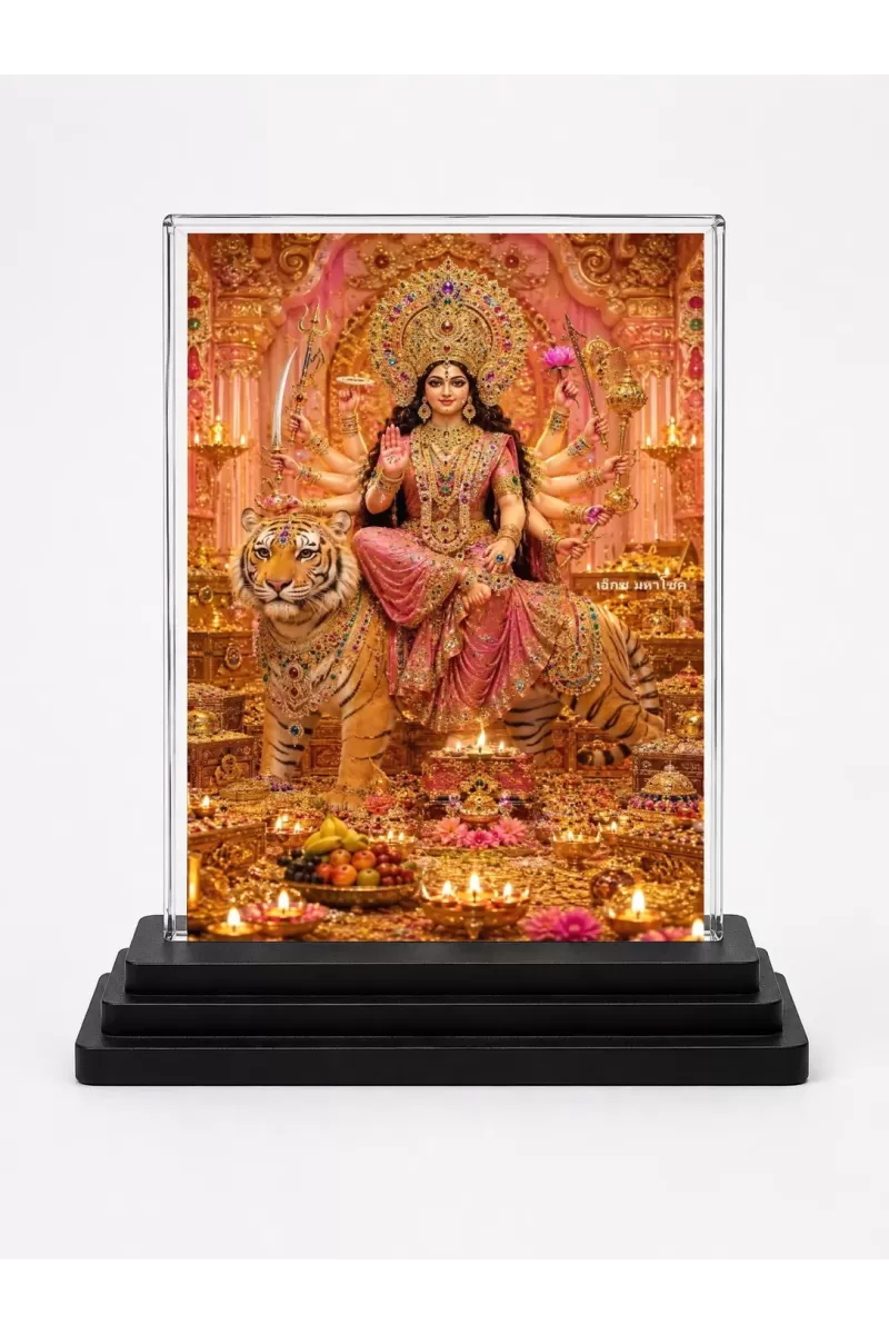 Maa Anandamoyee Acrylic Car Dashboard Showpiece | Double-Sided Maa Anandamoyee Photo Stand | 3 X 4 Inch Photo | Transparent Acrylic Frame With Black Base | Car Dashboard, Office & Table Decor (F70428)