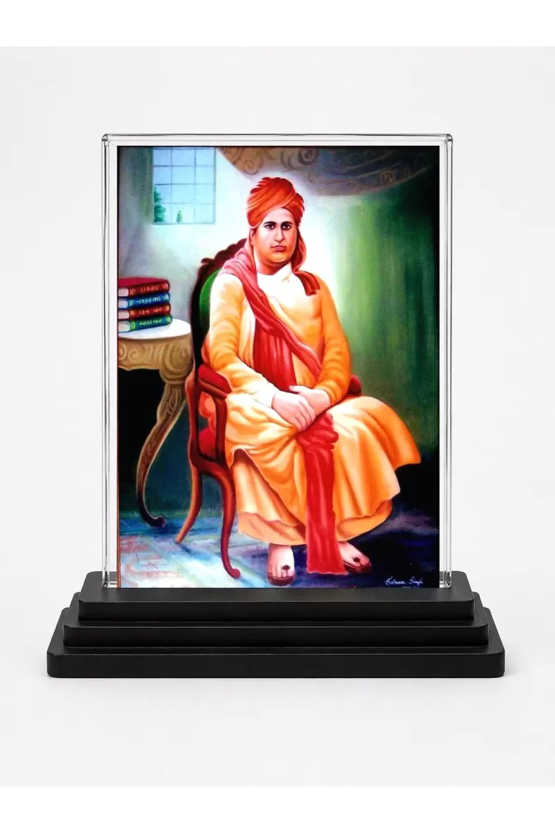 Saraswati Acrylic Car Dashboard Showpiece | Double-Sided Saraswati Photo Stand | 3 X 4 Inch Photo | Transparent Acrylic Frame With Black Base | Car Dashboard, Office & Table Decor (F70429)
