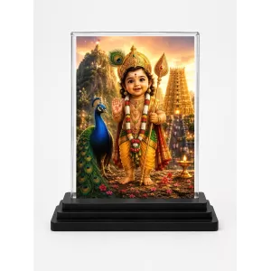 Hindu Deity Acrylic Car Dashboard Showpiece | Double-Sided Hindu Deity Photo Stand | 3 X 4 Inch Photo | Transparent Acrylic Frame With Black Base | Car Dashboard, Office & Table Decor (F70430)