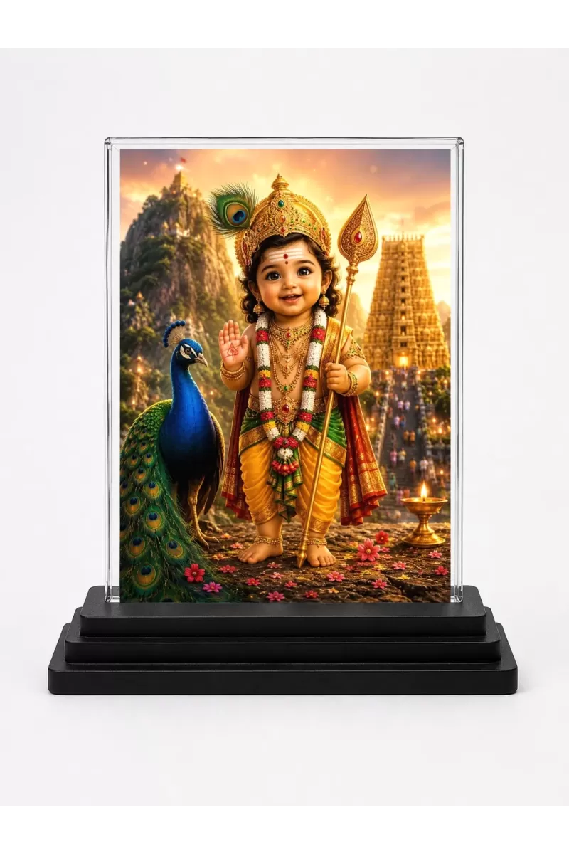 Hindu Deity Acrylic Car Dashboard Showpiece | Double-Sided Hindu Deity Photo Stand | 3 X 4 Inch Photo | Transparent Acrylic Frame With Black Base | Car Dashboard, Office & Table Decor (F70430)