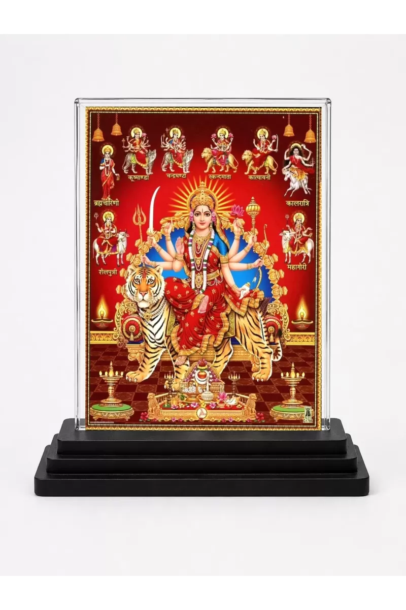 Durga Maa Acrylic Car Dashboard Showpiece | Double-Sided Durga Maa Photo Stand | 3 X 4 Inch Photo | Transparent Acrylic Frame With Black Base | Car Dashboard, Office & Table Decor (F70431)