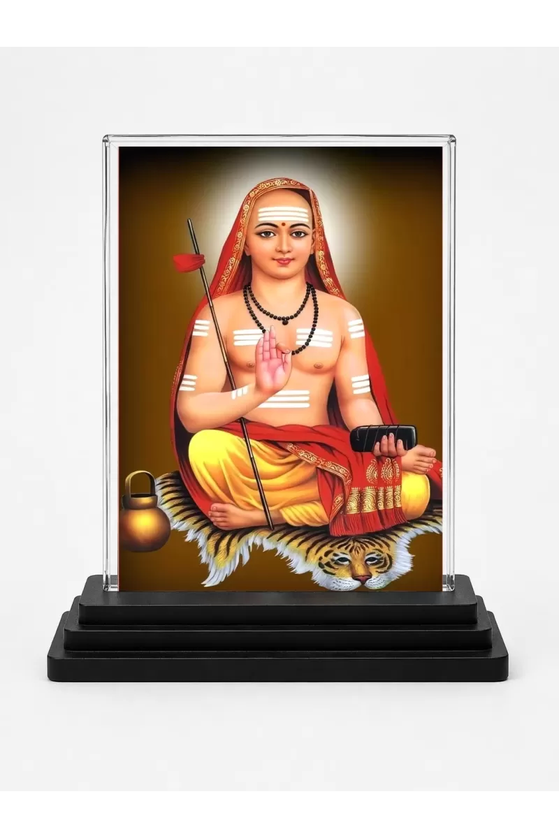Adi Shankaracharya Acrylic Car Dashboard Showpiece | Double-Sided Adi Shankaracharya Photo Stand | 3 X 4 Inch Photo | Transparent Acrylic Frame With Black Base | Car Dashboard, Office & Table Decor (F70432)