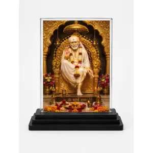 Sai Baba Acrylic Car Dashboard Showpiece | Double-Sided Sai Baba Photo Stand | 3 X 4 Inch Photo | Transparent Acrylic Frame With Black Base | Car Dashboard, Office & Table Decor (F70434)