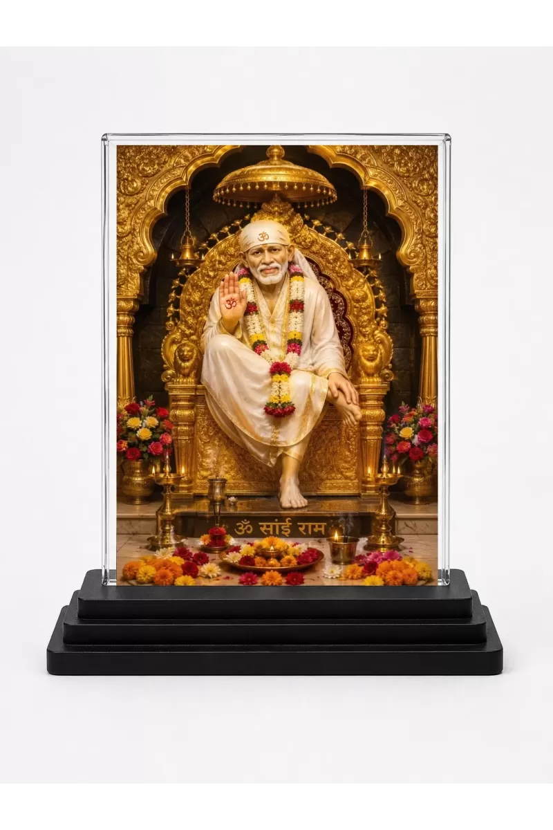 Sai Baba Acrylic Car Dashboard Showpiece | Double-Sided Sai Baba Photo Stand | 3 X 4 Inch Photo | Transparent Acrylic Frame With Black Base | Car Dashboard, Office & Table Decor (F70434)