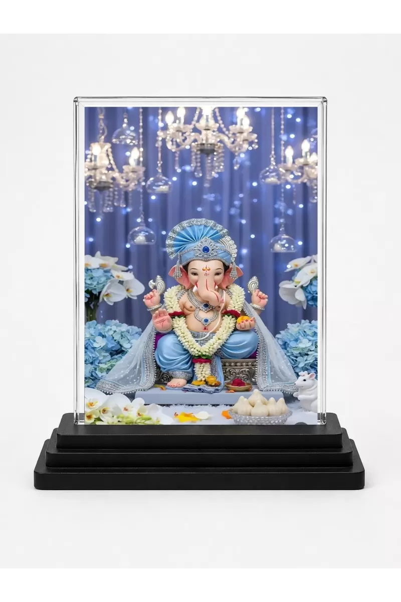 Lord Ganesha Acrylic Car Dashboard Showpiece | Double-Sided Lord Ganesha Photo Stand | 3 X 4 Inch Photo | Transparent Acrylic Frame With Black Base | Car Dashboard, Office & Table Decor (F70441)