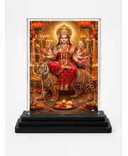 Durga Maa Acrylic Car Dashboard Showpiece | Double-Sided Durga Maa Photo Stand | 3 X 4 Inch Photo | Transparent Acrylic Frame With Black Base | Car Dashboard, Office & Table Decor (F70442)