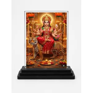 Durga Maa Acrylic Car Dashboard Showpiece | Double-Sided Durga Maa Photo Stand | 3 X 4 Inch Photo | Transparent Acrylic Frame With Black Base | Car Dashboard, Office & Table Decor (F70442)