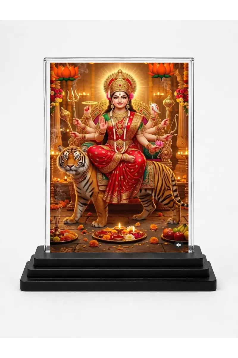 Durga Maa Acrylic Car Dashboard Showpiece | Double-Sided Durga Maa Photo Stand | 3 X 4 Inch Photo | Transparent Acrylic Frame With Black Base | Car Dashboard, Office & Table Decor (F70442)